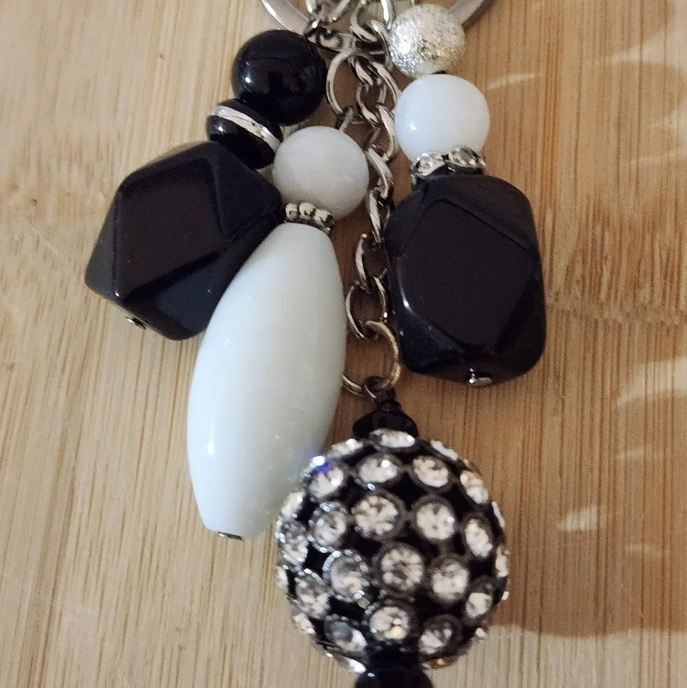 Hand Crafted Purse Charm Keychain Beaded White Black Rhinestone 5
